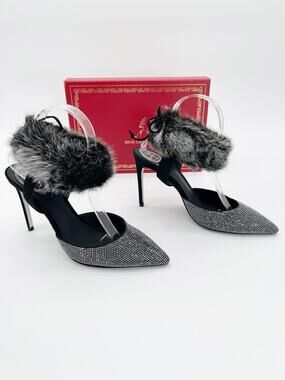 Rene Caovilla Mink Fur Strass Ankle Strap Pointed Toe Heeled Pumps Black IT 38.5